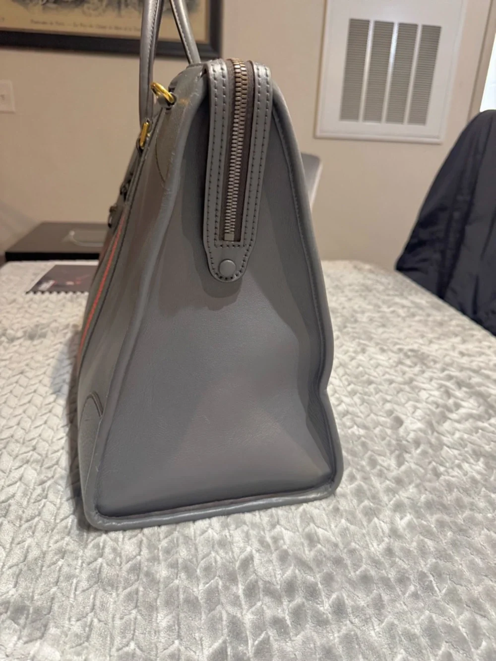 Gucci Gray Leather Duffel with Green and Red Web Stripes